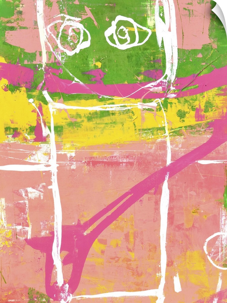 Contemporary abstract painting using bright green and pink tones.