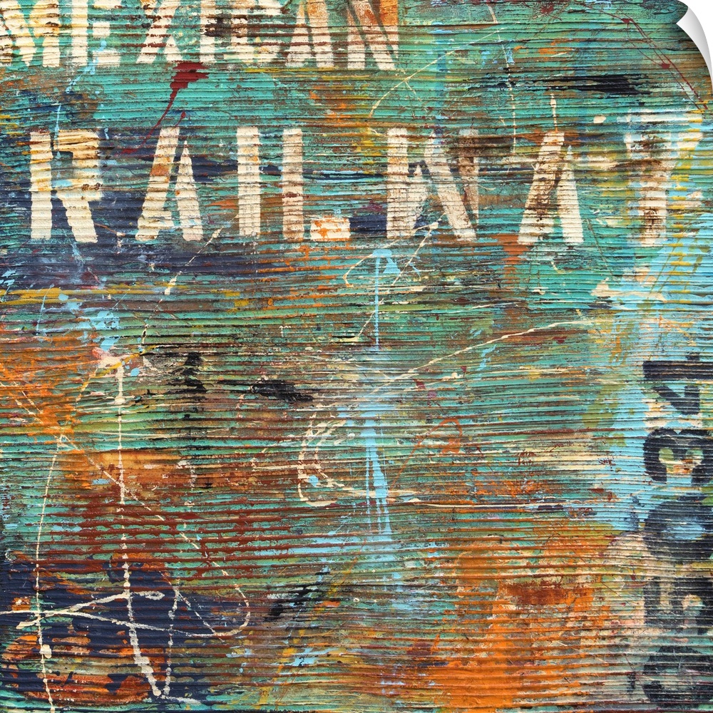Contemporary abstract artwork in teal and orange, with horizontal stripes and stenciled text.