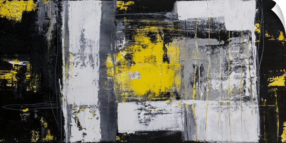 Horizontal abstract painting with layered black and white hues in rectangle shapes with pops of bright yellow overlapping.