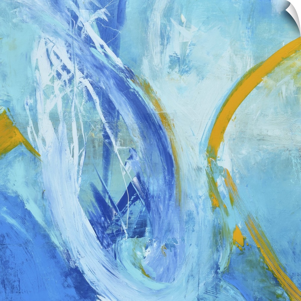 A contemporary abstract painting using tones of blue and pops of yellow.