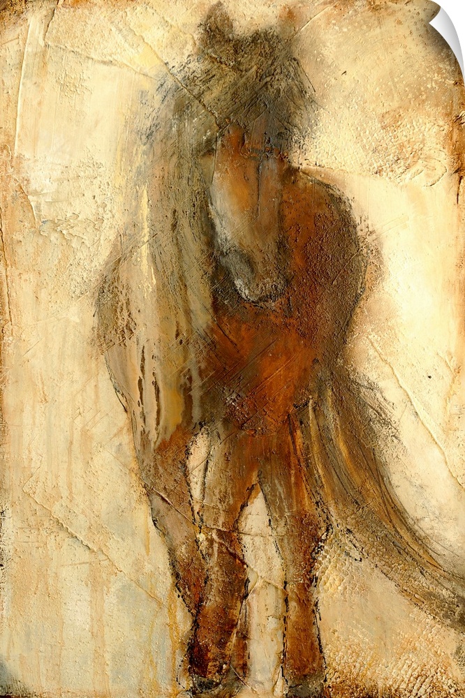 A large contemporary art piece of a horse that includes a lot of texture and warm tones.