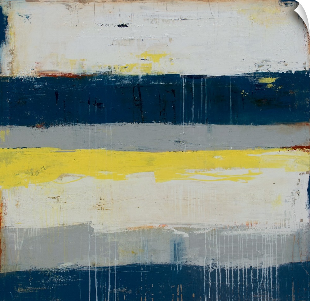 Horizontal striped abstract painting in shades of gray, blue, and yellow, with paint drips on top and grungy siding.
