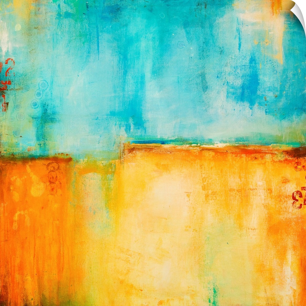Giant abstract art has been divided into two separate rectangles composed of a few numbers against rust and cool tones.