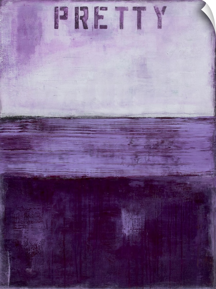 Vertical abstract artwork created with different shades of purple and the word "Pretty" stenciled at the top.