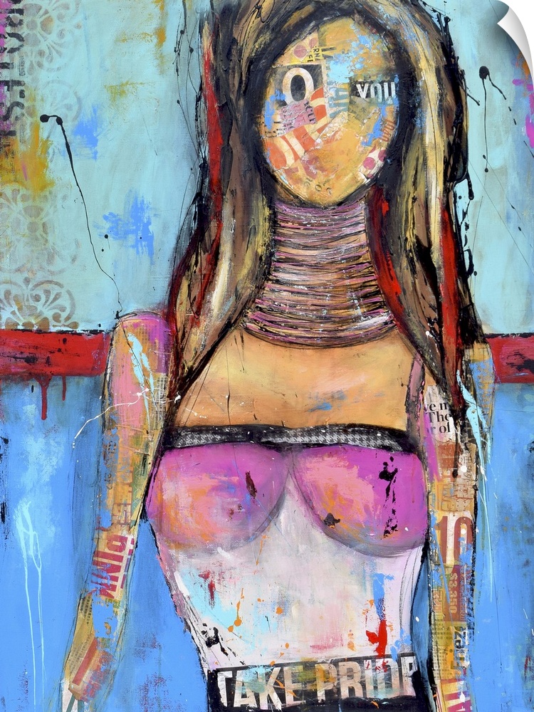 A contemporary abstract painting of a female figure against a blue background.