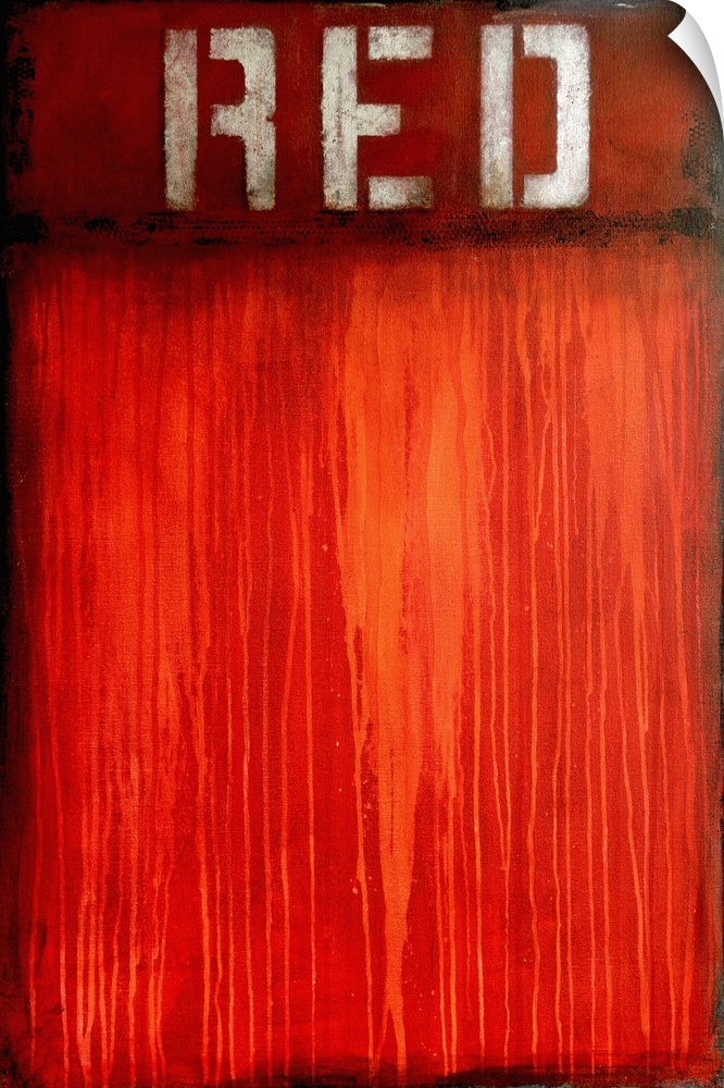 Contemporary abstract art created in shades of red with paint drips and the word 'Red' stenciled at the top.