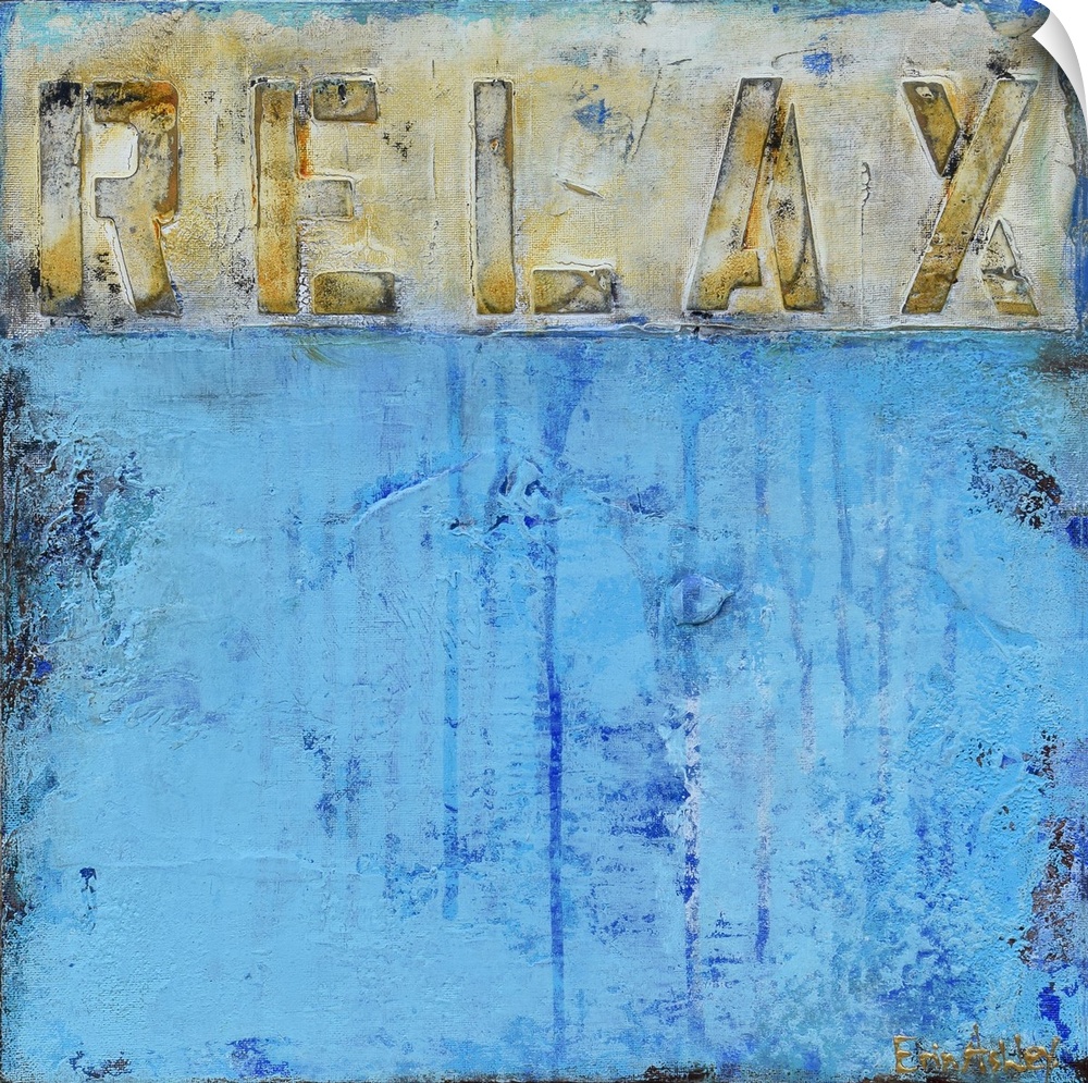 "Relax" written in gray, gold, and white across the top of a square painting with a light blue abstract bottom.