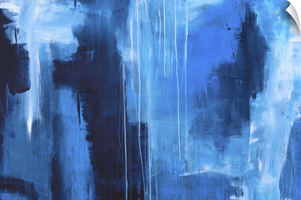 Large abstract painting created with shades of blue and dripping white paint.