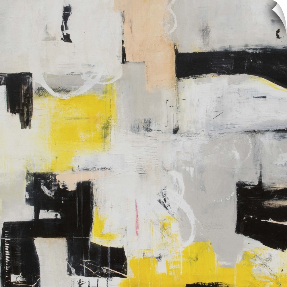 Contemporary abstract art in grey and black with pops of yellow.