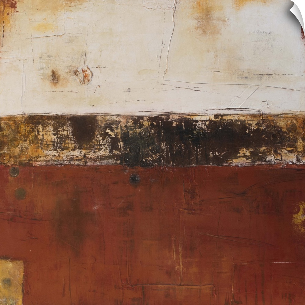Contemporary abstract painting in copper and rust colored horizontal bands.