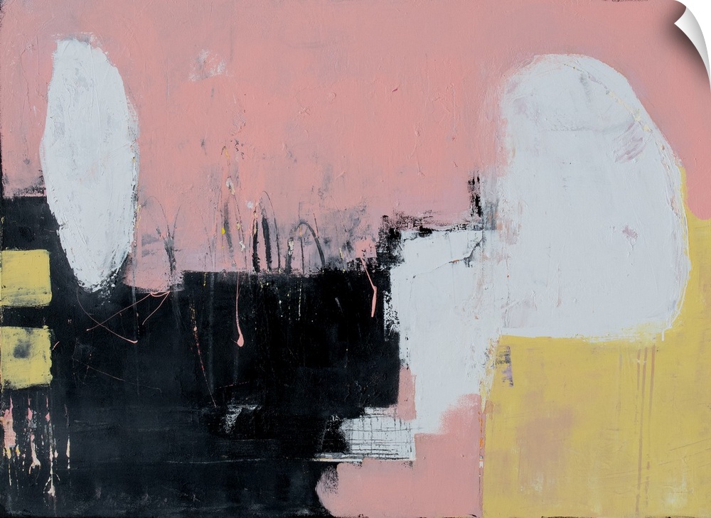 Horizontal abstract painting with a pale pink background and white, yellow, and black on top.