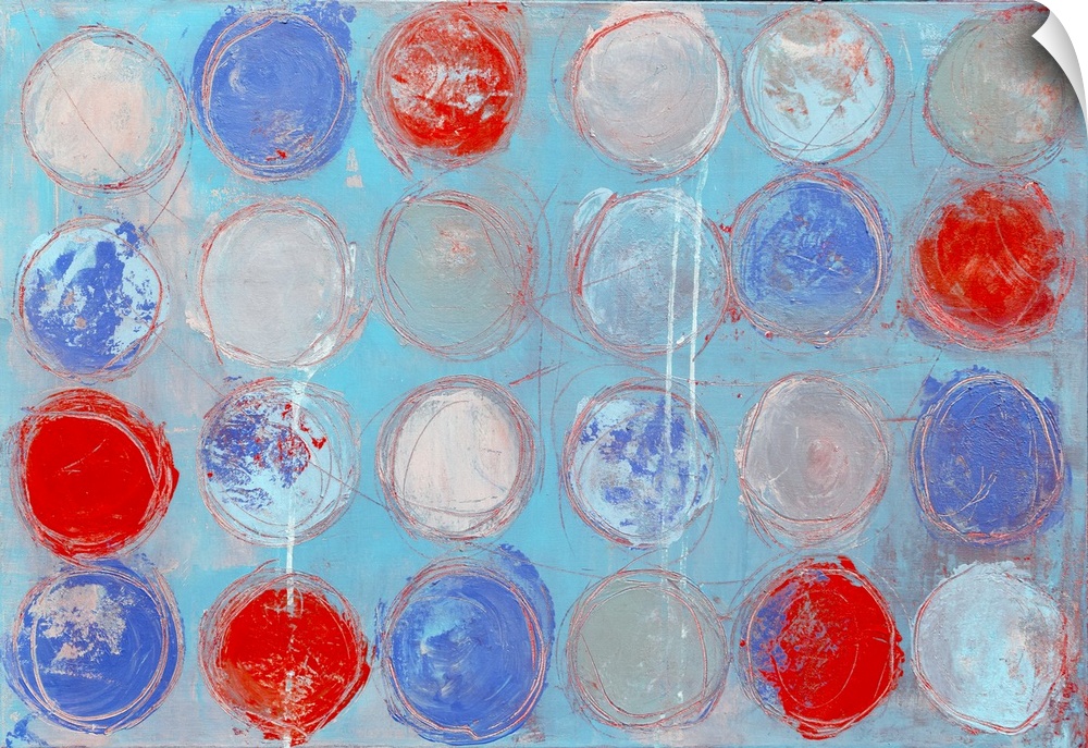 A contemporary abstract painting of colorful circles against a pale blue background.