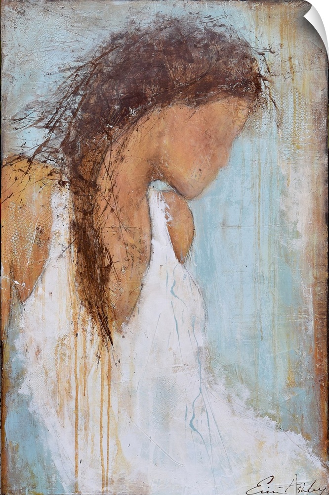 A contemporary abstract painting of a female figure with brown braided hair and wearing a white dress.