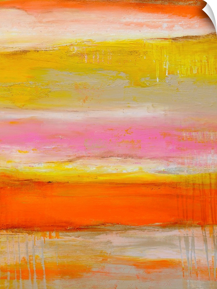 Tall abstract painting of various bright colors layered horizontally with textured brush strokes.