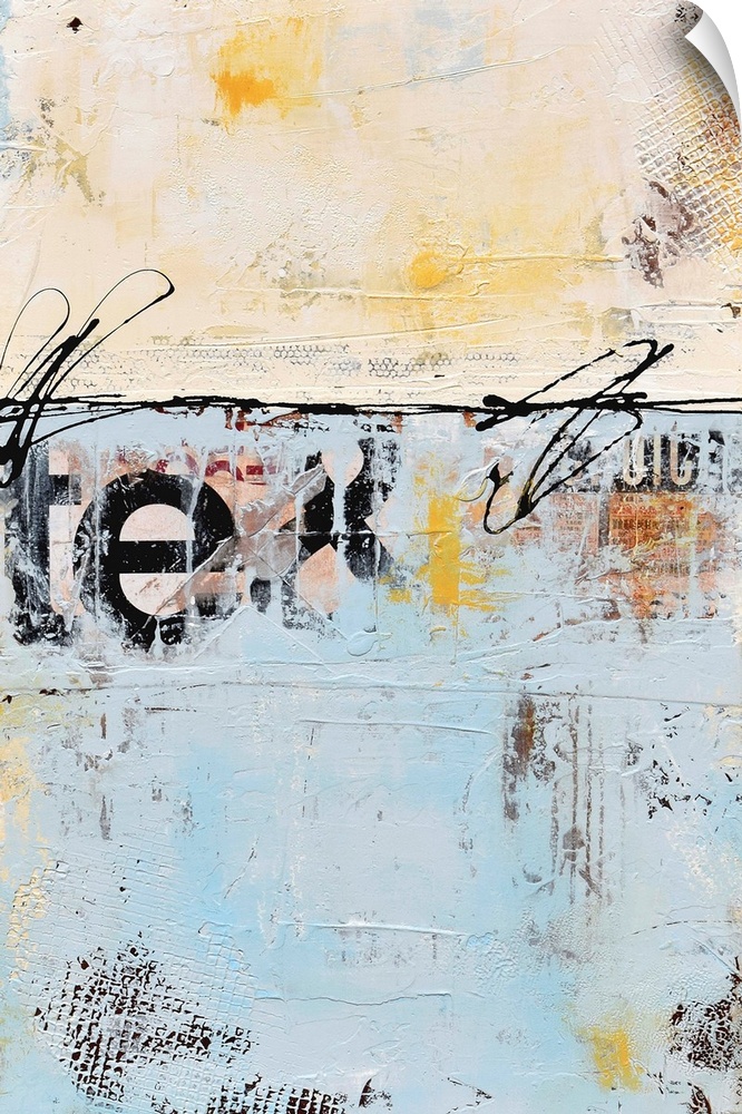 A contemporary abstract painting using a neutral tone face to face with a pale blue and partially stenciled letters in black.