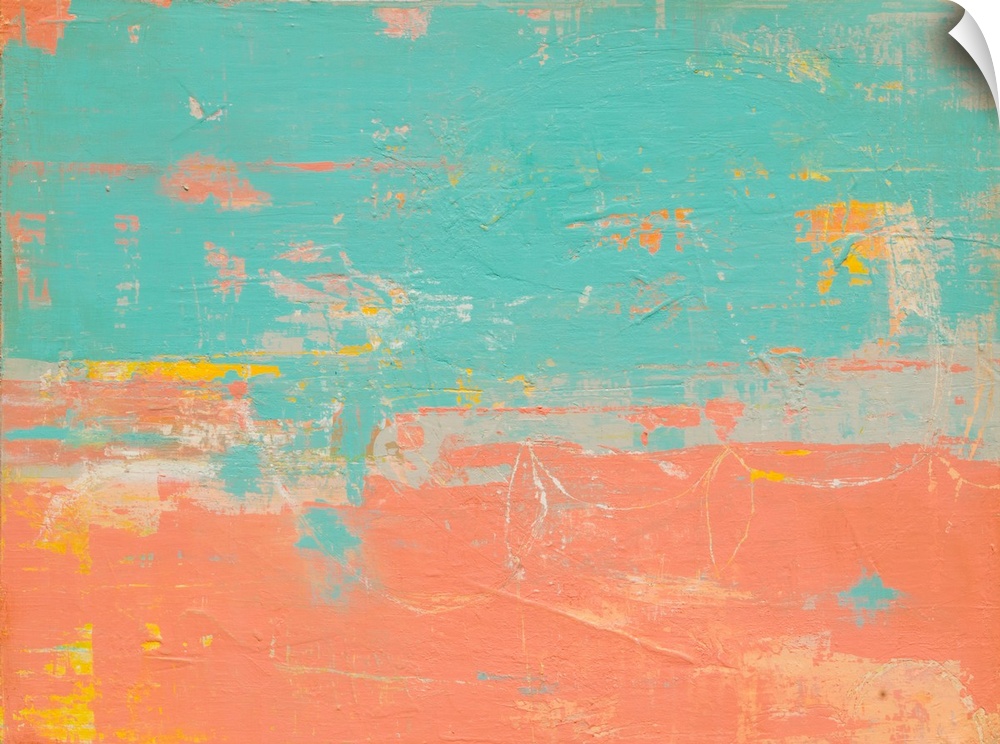 Warm blue and salmon pink colored abstract painting with pops of yellow and orange.