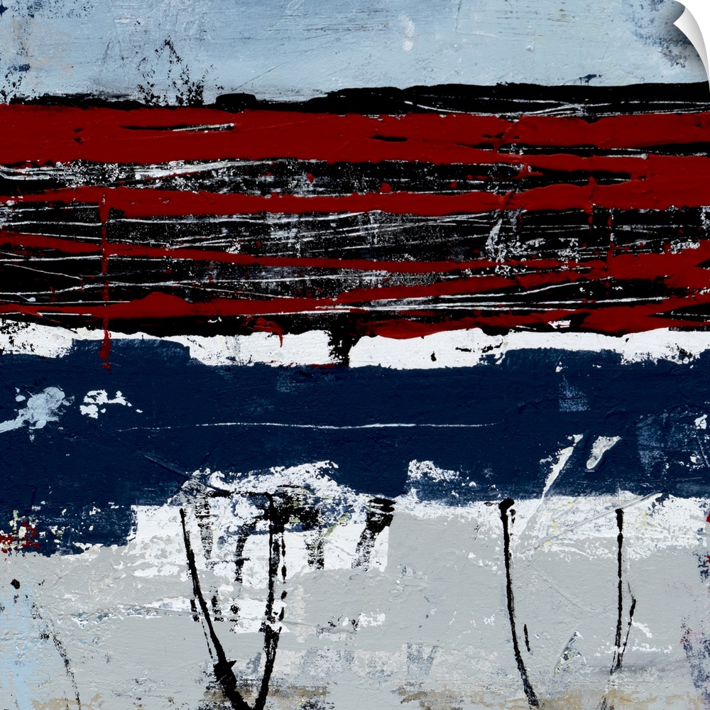 Contemporary abstract art in red and navy blue with white stripes.