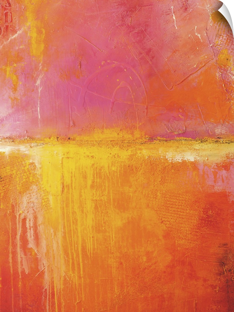 Contemporary abstract artwork in hot, intense colors, reminiscent of the ocean horizon during a sunset.