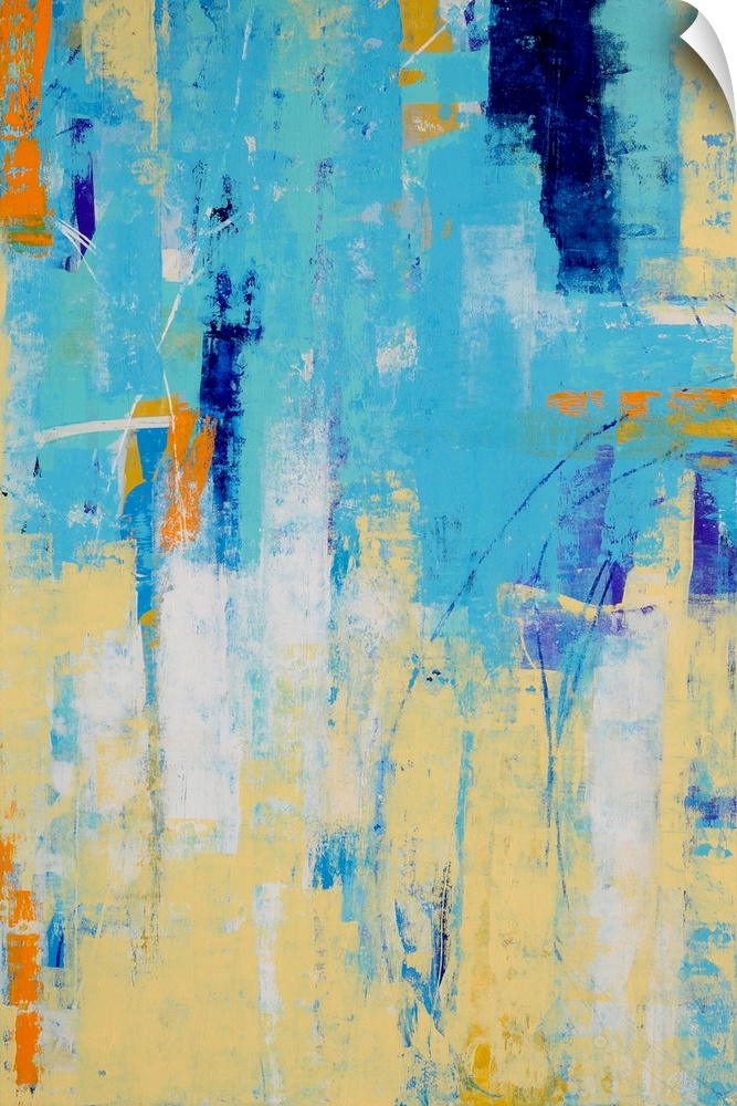 A contemporary abstract painting using light blue and a pale yellow merging together.