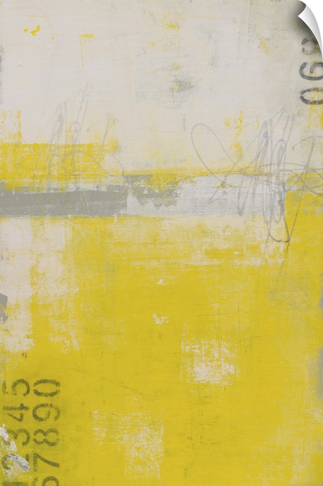 Bright contemporary abstract art in yellow and grey with stenciled numbers.