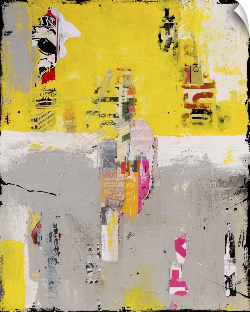 Mixed media abstract artwork in grey and yellow with found elements.