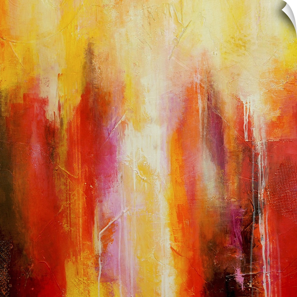 Big abstract art includes different streaks of vibrant warm tones with a few sections of patterned squares laid on top.
