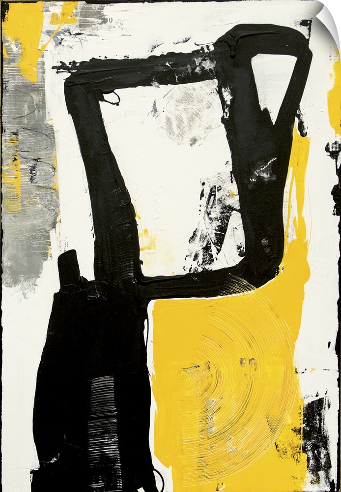 Contemporary abstract painting using harsh black strokes with yellow and gray.