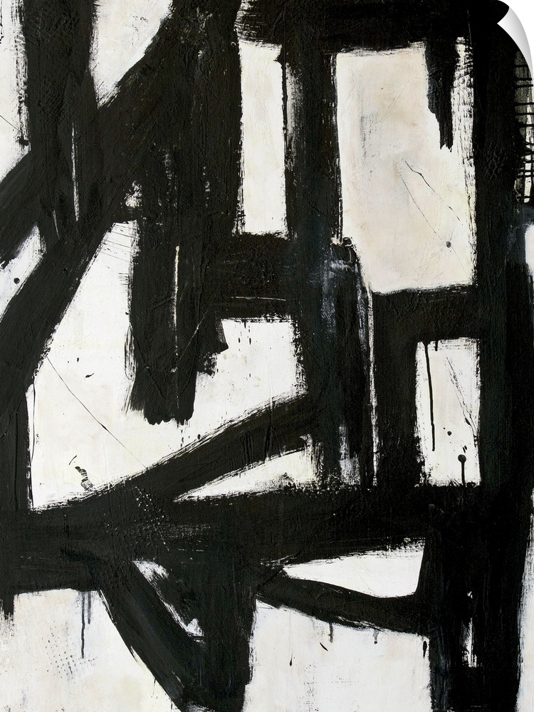 Contemporary abstract painting with thick black lines on white.