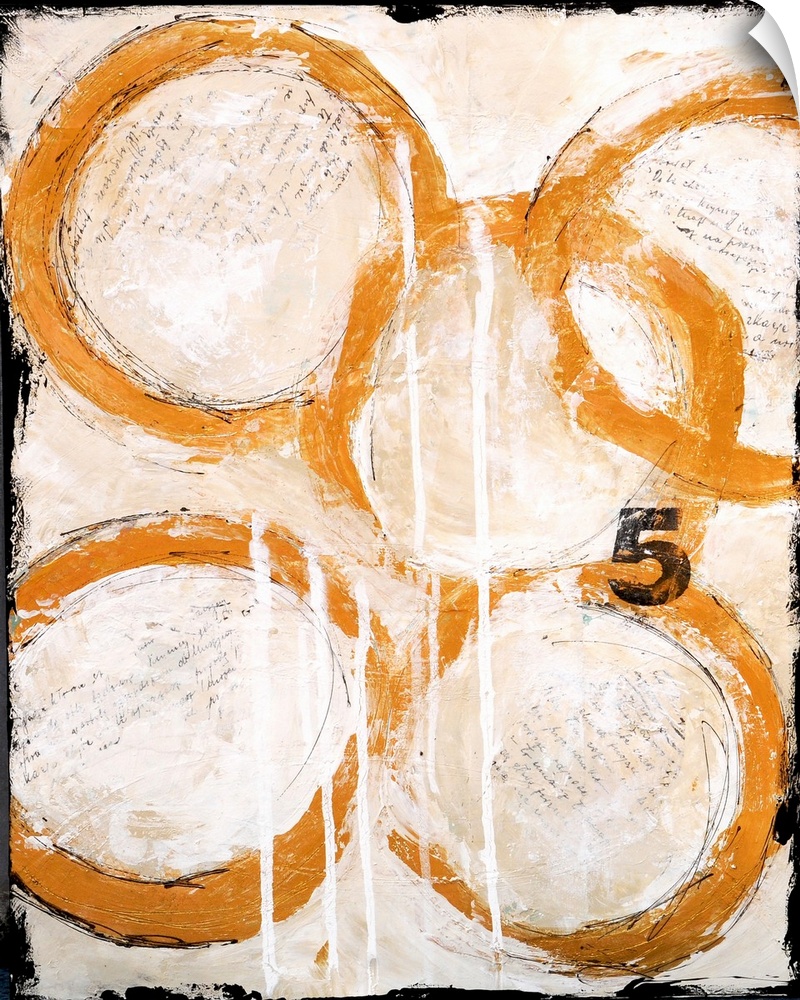 A contemporary abstract painting of five intertwined gold circles and the number five on a cream background. Represents th...