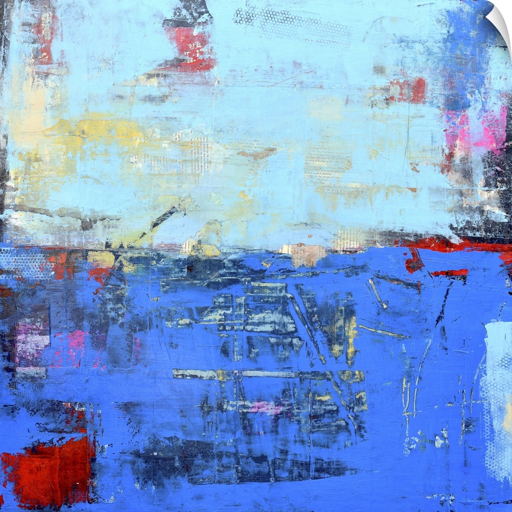 A contemporary abstract painting using a dark and light blue meeting face to face.