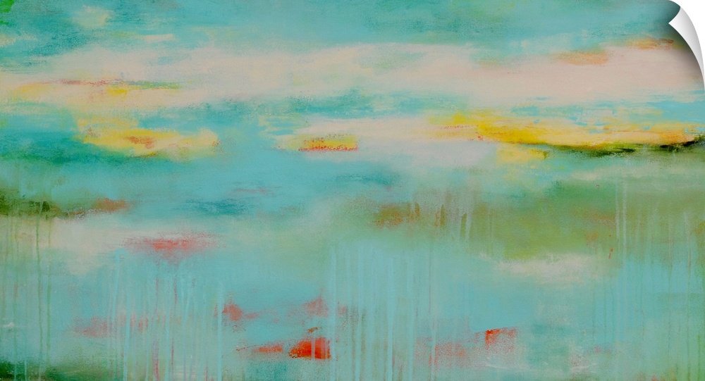Abstract contemporary painting in light, pastel colors, resembling a calm pond in the early morning.