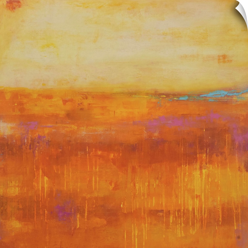 A contemporary abstract painting using a pale orange and a dark orange meeting face to face.