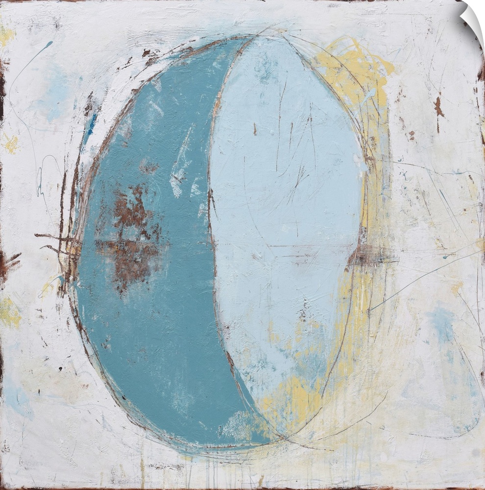 Contemporary abstract painting of a crescent shape in pale blue against a putty colored background.