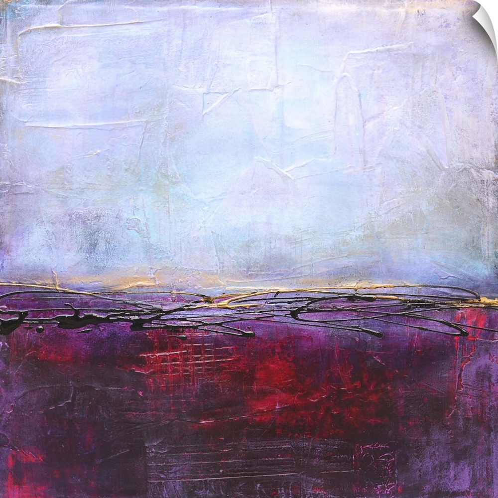 Contemporary abstract painting using deep red and purple.