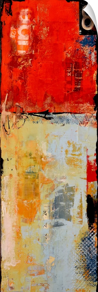 Tall panel abstract with bright red, orange, gray and black hues. A large number 8 in the top corner and mixed media cut o...