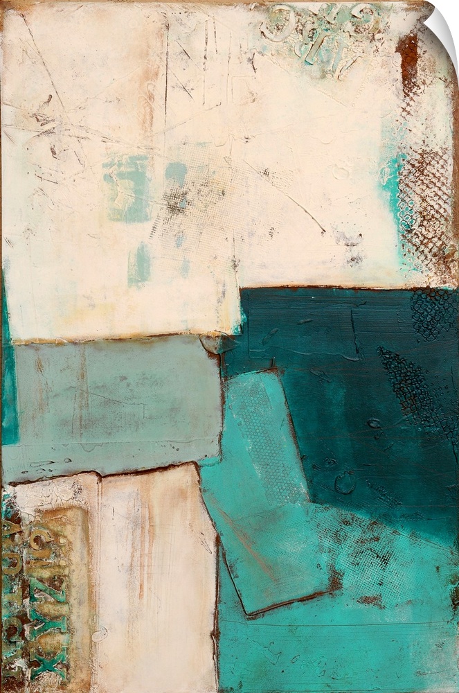 Contemporary abstract painting of a color-field of weathered cream and teal colors.