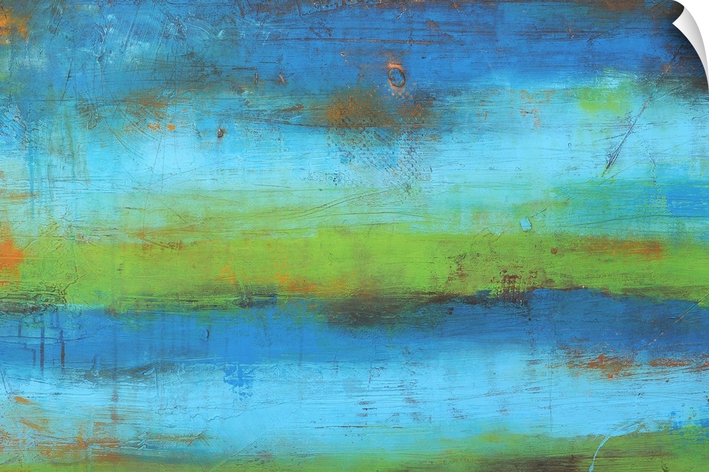 Contemporary abstract painting of a gradient going from top to bottom with grungy textures on top.