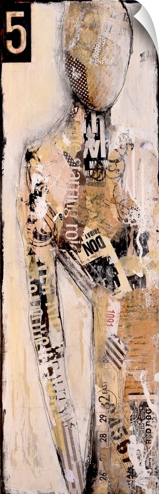 Contemporary abstract painting of a figure in tan tones with a stenciled number in the corner.
