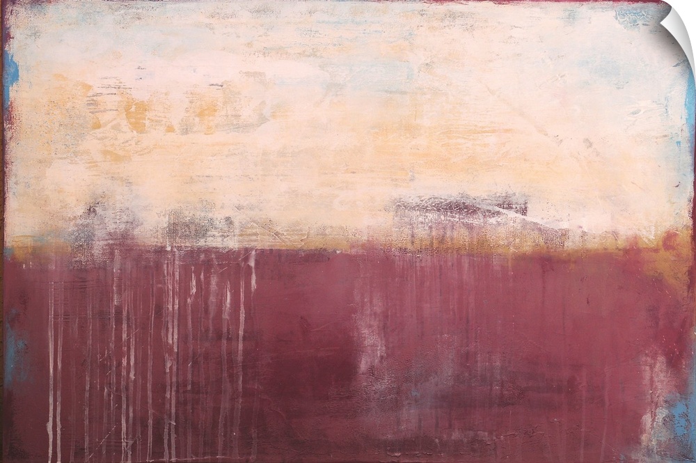 Contemporary abstract painting using pale red and cream meeting each other in the center in the image.