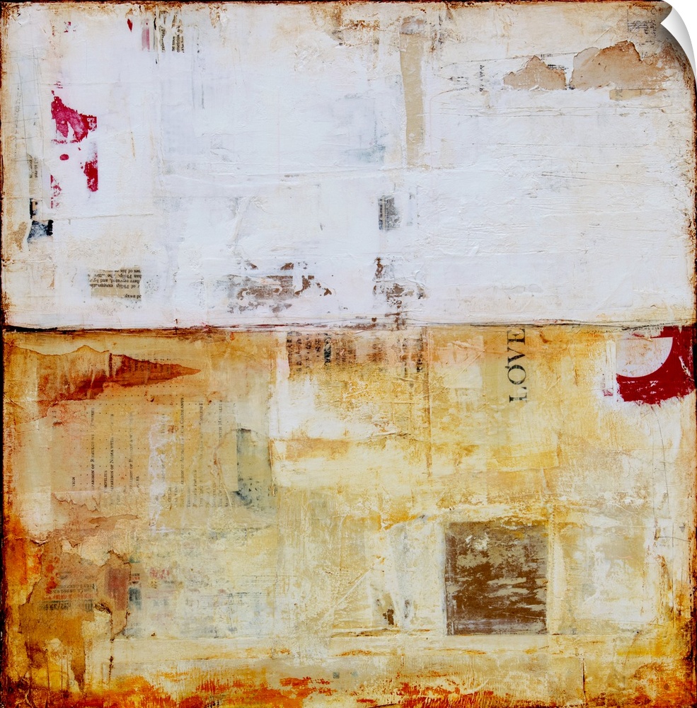 Square abstract art with layers of paint and textures in shades of white and yellow with pops of orange and red and subtle...