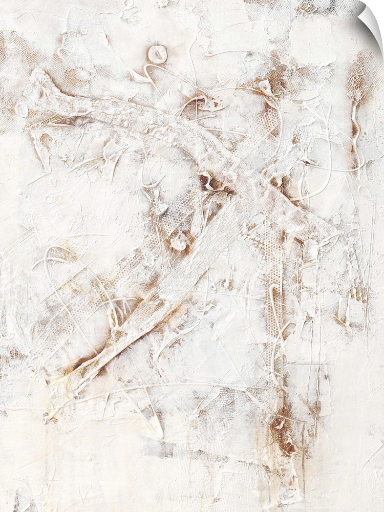 Contemporary abstract painting of thin lines of white paint thrown, dribbled, and flung onto a canvas.