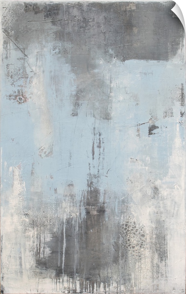 Vertical abstract painting created with shades of gray, white, and light blue.
