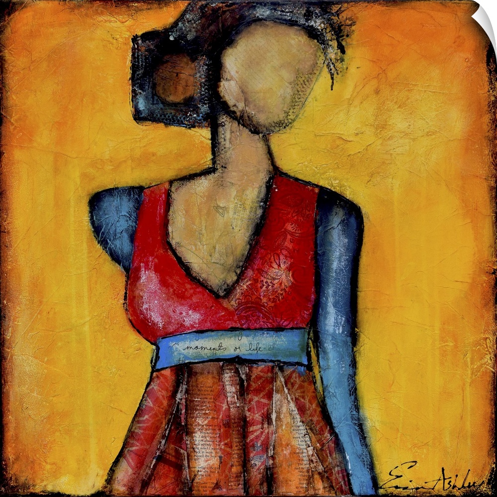 Contemporary abstract painting of a female figure with a missing face.