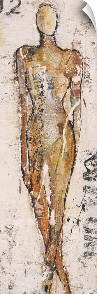 Contemporary abstract painting of a figure in tan tone with stenciled numbers.