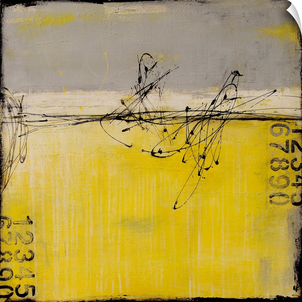 A contemporary abstract painting using gray and yellow with stenciled numbers and thin dark black swirling lines.