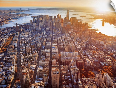 Aerial View Of One World Trade Center, Manhattan Bridge And Brooklyn Bridge