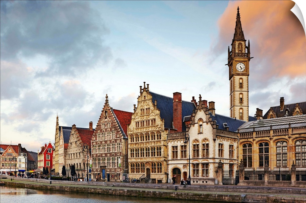 Belgium, Flanders, Benelux, Ghent, Leie River and guild houses, Graslei Street.