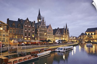 Belgium, Flanders, Benelux, Ghent, Leie River and guild houses, Graslei Street