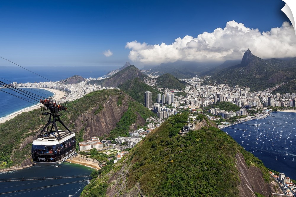 Brazil, Rio de Janeiro, Teleferico, view towards Guanabara Bay, Praia Vermelha, Copacabana Beach, Botafogo, Flamengo Beach...