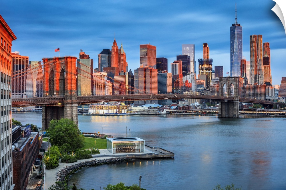 USA, New York City, Brooklyn, East River, Dumbo, Brooklyn Bridge, View of the Lower Manhattan and Financial District skyli...